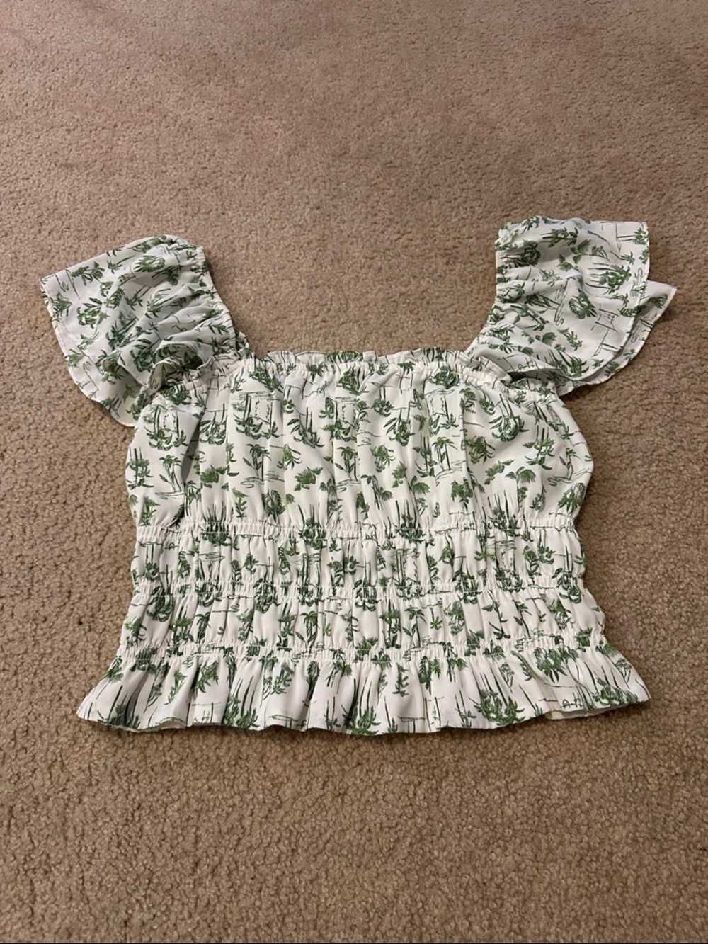 Abercrombie & Fitch White Smocked Crop Top with Green Tropical Print CottageCore